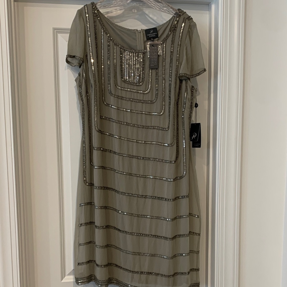 Adrianna Papell dark beige beaded Midi Dress Art Deco 14 W NWT